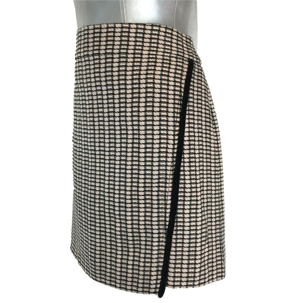 J.Crew Skirt 12 Large Pink Black Brown Plaid Tweed Faux Wrap Fringe A Line Work